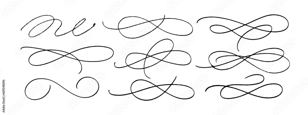 Hand drawn collection of curly swishes, swashes and swoops. Vector thin underline text tails. Hand drawn calligraphy pen curved lines and curls. Scribbles and squiggles for typography emphasis. - obrazy, fototapety, plakaty 