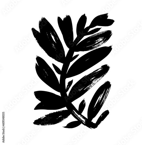 Matisse style bold branch isolated on white. Simple nature shape in vintage style. Abstract Matisse organic shape plant with leaves. Organic naive brush drawn plant. Trendy contemporary element.