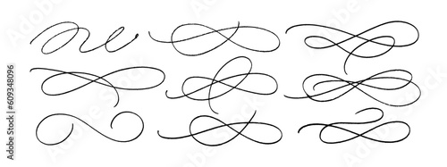Hand drawn collection of curly swishes, swashes and swoops. Vector thin underline text tails. Hand drawn calligraphy pen curved lines and curls. Scribbles and squiggles for typography emphasis.