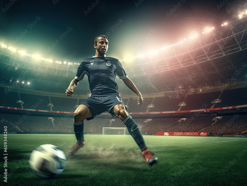 Fototapeta premium Professional football or soccer player in action on stadium with flashlights, kicking ball for winning goal. football. Generative Ai.