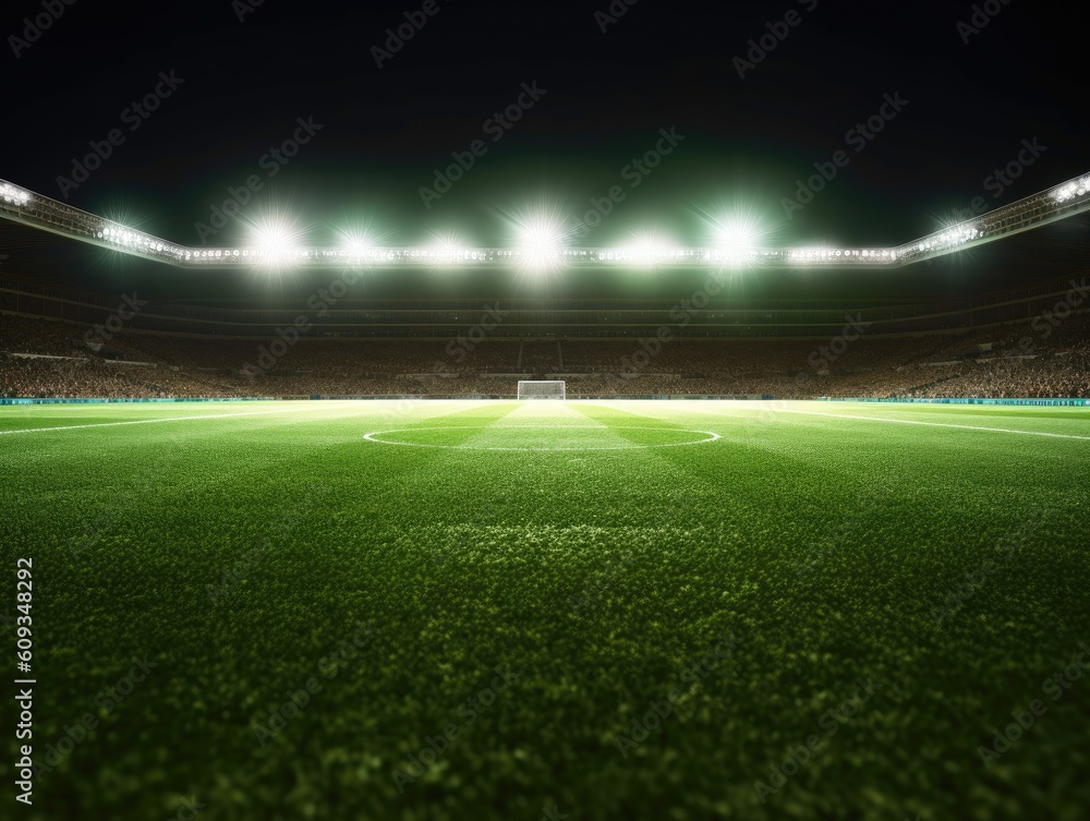 Universal grass stadium illuminated by spotlights and empty green grass playground. football. Generative Ai.