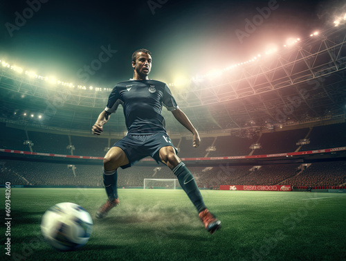 Professional football or soccer player in action on stadium with flashlights, kicking ball for winning goal. football. Generative Ai. © tong2530