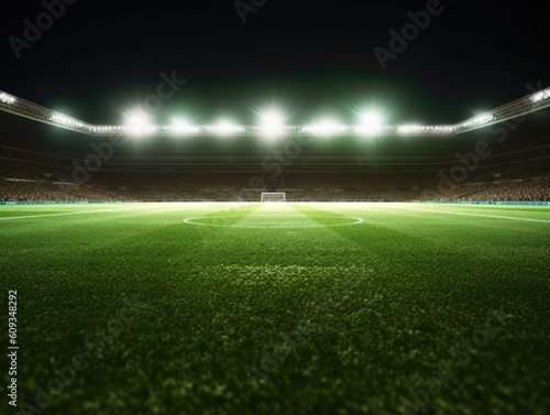Universal grass stadium illuminated by spotlights and empty green grass playground. football. Generative Ai. © tong2530