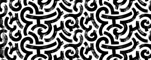 Brush drawn curved lines seamless pattern. Various curved bold lines and shapes banner. Geometric vector seamless pattern, maze, labyrinth or meander motif. Hand drawn grunge brush strokes.