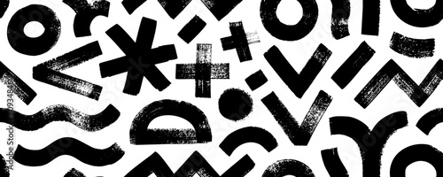 Contemporary seamless pattern with geometric shapes and bold brush drawn figures. Abstract organic shapes pattern. Crosses, asterisk, zigzag and wavy lines, circles and dots. Hand drawn banner.
