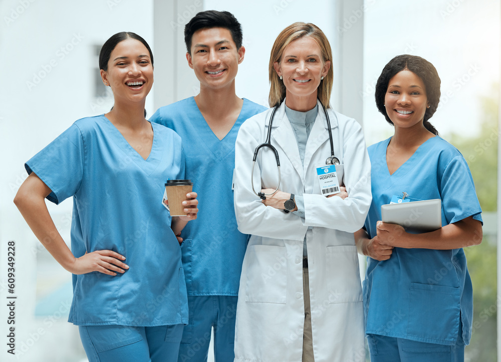Portrait, leadership and a doctor woman arms crossed, standing with her team in a hospital for healthcare. Insurance, medical and teamwork with a female health professional in a clinic for treatment Portrait, leadership and a doctor woman arms crossed, standing with her team in a hospital for healthcare. Insurance, medical and teamwork with a female health professional in a clinic for treatment