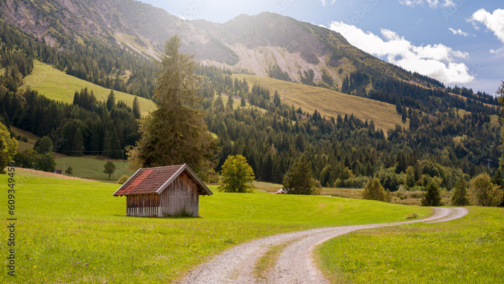 Wooden barn landscape in the Alps, Bavaria Germany.