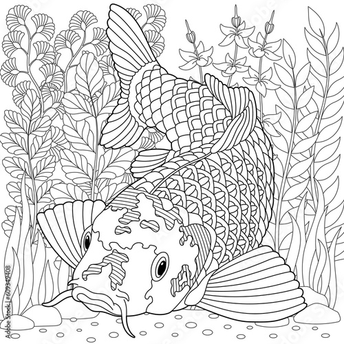Underwater scene with a koi fish. Adult coloring book page with intricate mandala and zentangle elements.