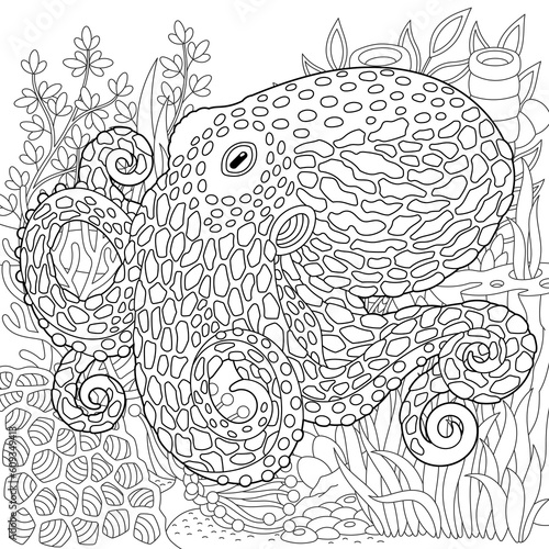 Underwater scene with the octopus. Adult coloring book page with intricate mandala and zentangle elements.