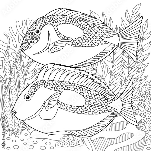 Underwater scene with a royal blue tang or surgeonfish. Adult coloring book page with intricate mandala and zentangle elements.