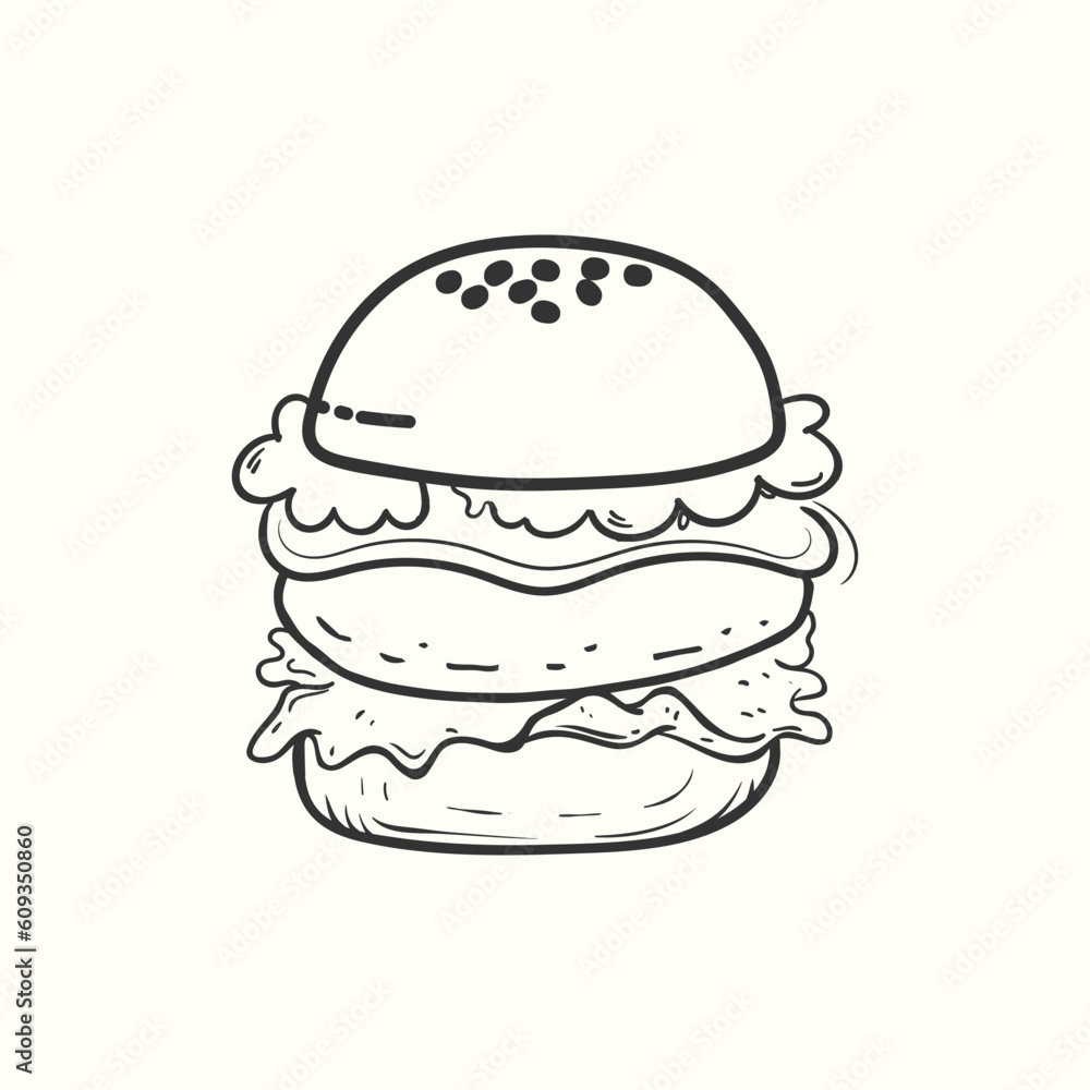 A big hand-drawn burger illustration with meat, salad and cheese A big hand-drawn burger illustration with meat, salad and cheese