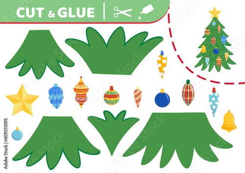Christmas tree. Cut and glue. Application work. Paper game. Vector