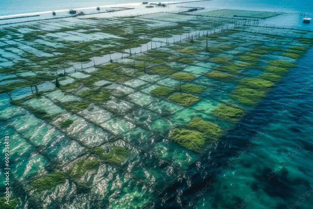 Aerial view of a large aquaculture seaweed farm in the sea. The ...