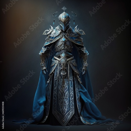 The king sorcerer wearing ornate blue and silver armour with a robe