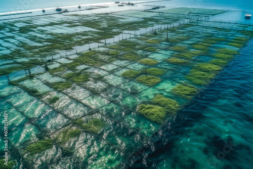 Aerial view of a large aquaculture seaweed farm in the sea. The sustainable practice of seaweed farming provides numerous benefits including food, biofuels, and carbon sequestration. Generative AI