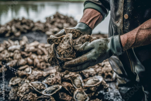 Close-up shot of freshly harvested oysters from an oyster farm. Generative AI. photo