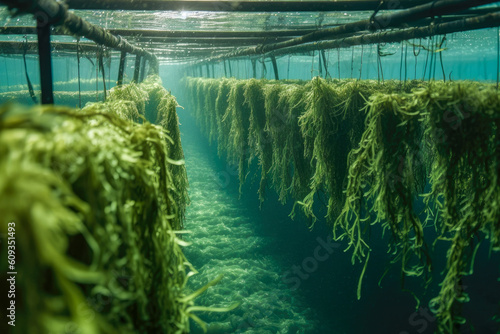 Wallpaper Mural Thriving seaweed algae growth on lines in an aquaculture farm