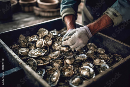 Farming oysters. Aquaculture farm dedicated to provide freshest and delicious oysters free from harmful contaminants. Generative AI.