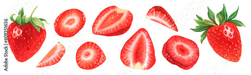 Watercolor set of illustration with strawberries. Whole and chopped strawberries. 