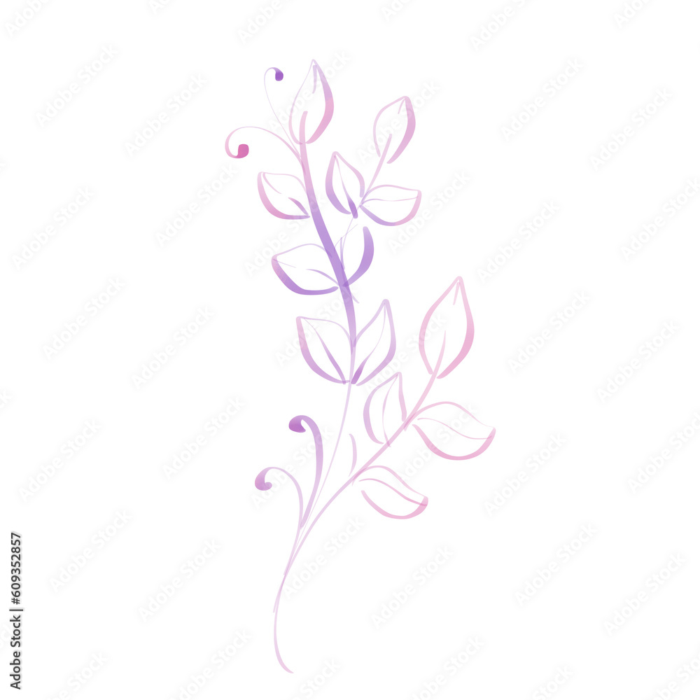 Pink doodle elements with leaves. Hand drawn line for floral ornaments, frames, designes
