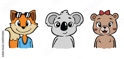 Vector illustration cute animal koala bear fox in hand drawn cartoon style