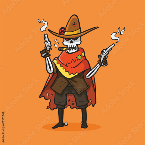 Vector illustration Cowboy skeleton standing and holding dual gun in hand drawn style photo