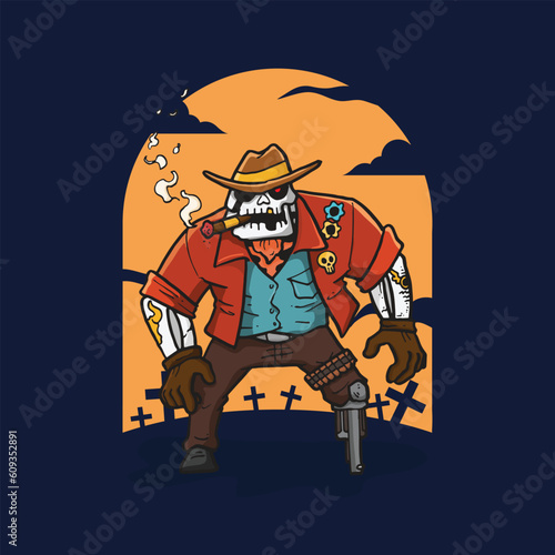Vector illustration skeleton cowboy with gun leg in hand drawn cartoon style