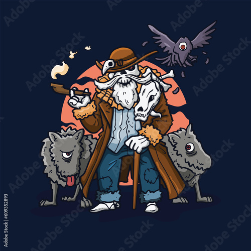 Vector illustration skeleton hunter with zombie dog and zombie crow in hand drawn cartoon style