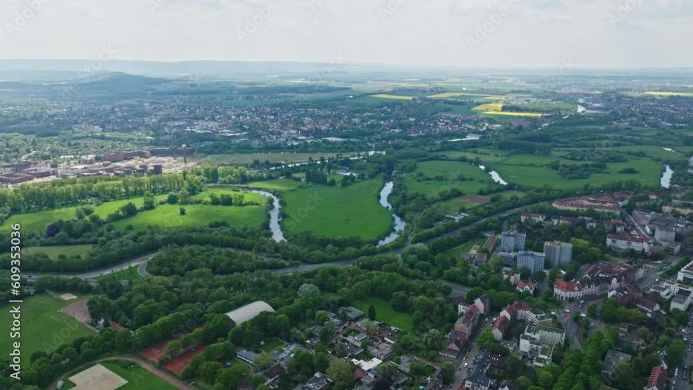 Drone shot of Leine river in Seelze district . Seelze is a town in the district of Hanover, in Lower Saxony, Germany. Drone shot of Leine river in Seelze district . Seelze is a town in the district of Hanover, in Lower Saxony, Germany.