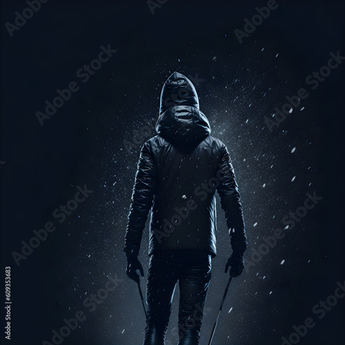 Generative AI KI Mann in Winterkleidung bei Nacht und Schneet in Spotlight schwarz wei  