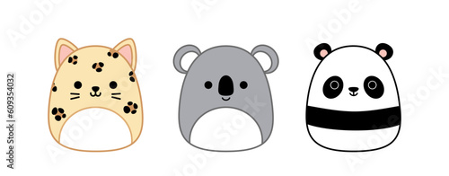 Panda, koala bear, leopard. Squishmallow. Cute soft plush toy Pillow Cartoon kawaii vector