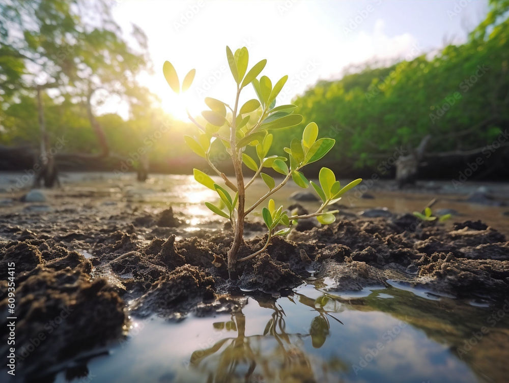 Close up photo Male hands planting mangroves reflecting the