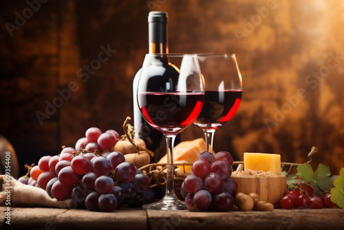 food beverage alcohol wine bottle glass background grape table drink winery. Generative AI.