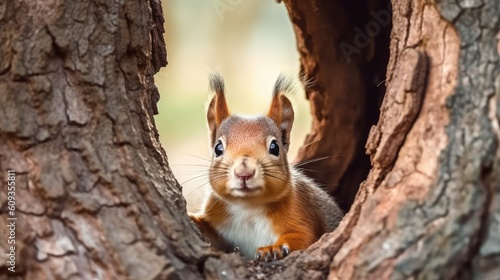 Curious red squirrel peeking behind the tree trunk © My Little Bear
