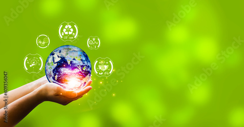 human hand display icon virtual energy saving concept conservation of natural resources environmental protection Renewable Energy, Global Warming.Elements of this image furnished by NASA