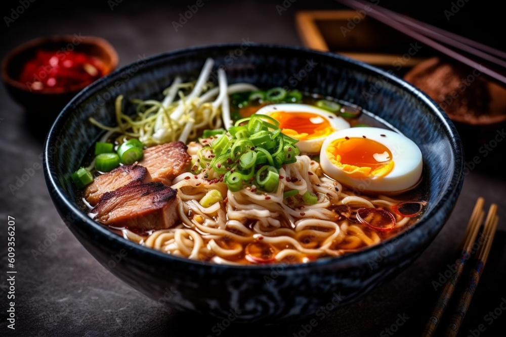 food asian vegetable noodle japanese chopstick soup ramen bowl meal. Generative AI. food asian vegetable noodle japanese chopstick soup ramen bowl meal. Generative AI.