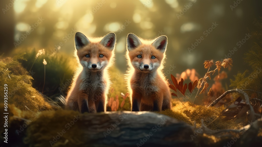 Cute little foxes in the forest. Created with generative AI. Cute little foxes in the forest. Created with generative AI.