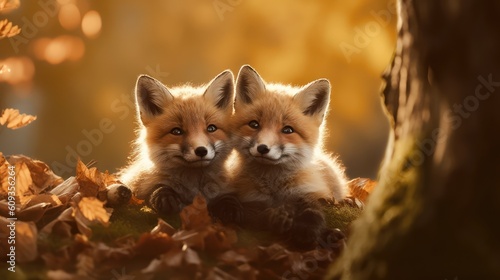 Cute little foxes in the forest. Created with generative AI. 