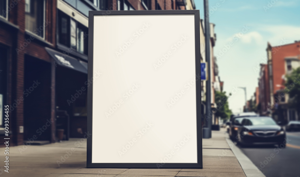 White paper poster mockup displayed outside the building restaurant. Marketing restaurant menu and business concept. White paper poster mockup displayed outside the building restaurant. Marketing restaurant menu and business concept.