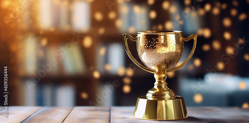 champion cup trophy award prize library celebration competition gold bokeh. Generative AI.