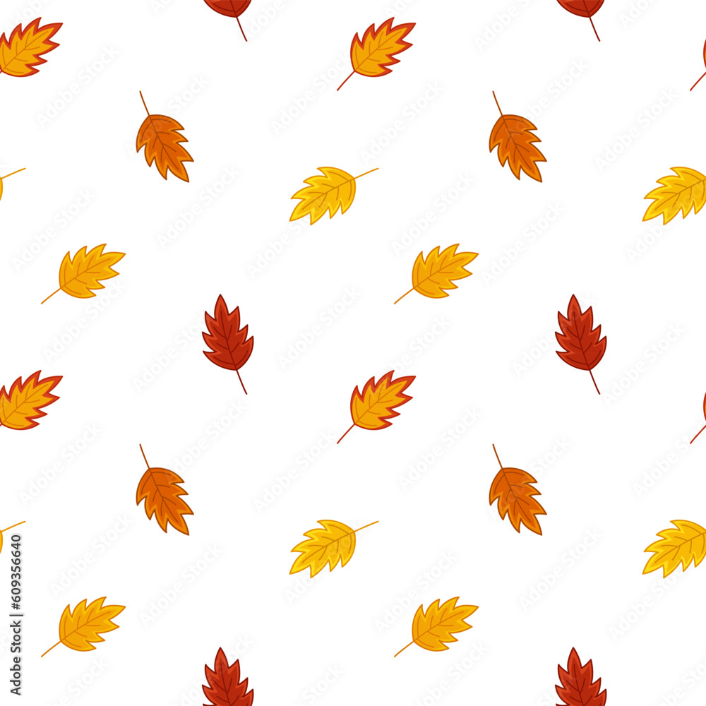 Fototapeta premium Red oak leaf fall on seamless pattern. Cartoon, Vector