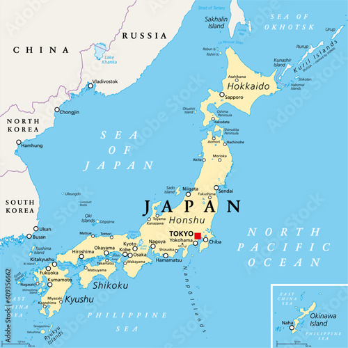 Japan political map. Main islands Honshu, Hokkaido, Kyushu, Shikoku and Okinawa. East Asian island country in the North Pacific bordered by Sea of Japan and Okhotsk, and East China and Philippine Sea. photo