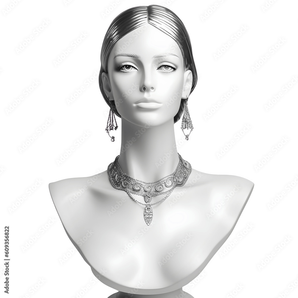 White Mannequin head and shoulders with ear rings and necklace png file. Transparent Background