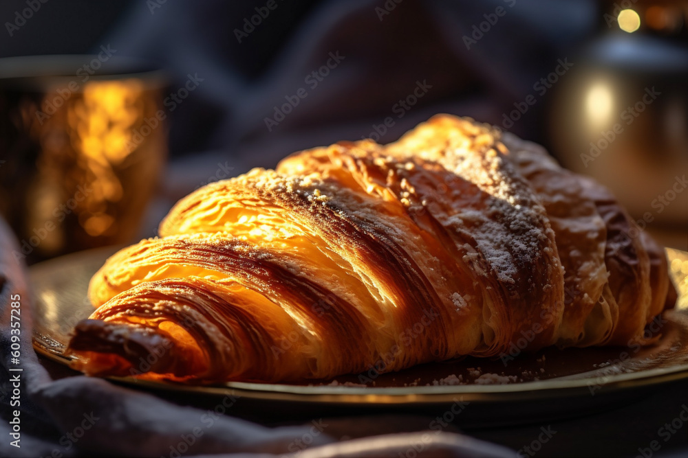 table bakery bokeh drink food breakfast cup croissant background morning beverage background. Generative AI. table bakery bokeh drink food breakfast cup croissant background morning beverage background. Generative AI.