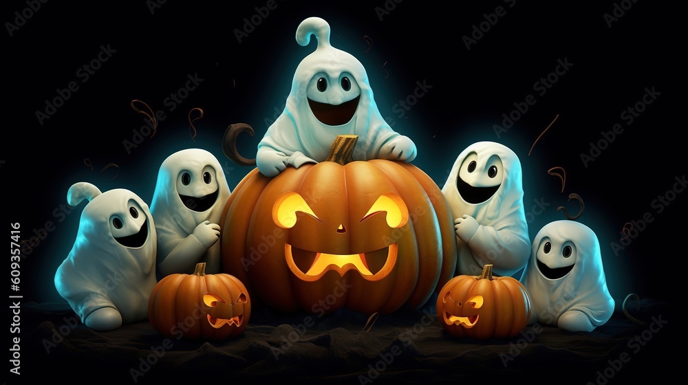 Halloween advertising brochure. Spooky sunset in the forest with the evil glowing eyes of Jack the Lantern on a scary Halloween night. Generative AI Halloween advertising brochure. Spooky sunset in the forest with the evil glowing eyes of Jack the Lantern on a scary Halloween night. Generative AI