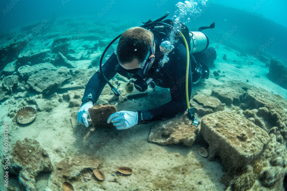 Diver discovers an encrusted ancient artifact at a marine archaeology
