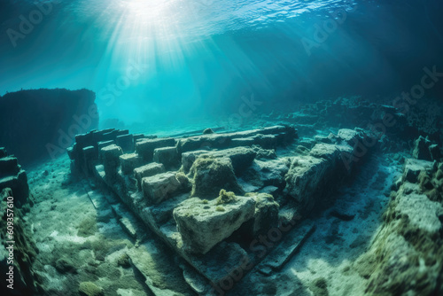Sunken city ruins, remains of a lost civilization concealed beneath the waves. Generative AI