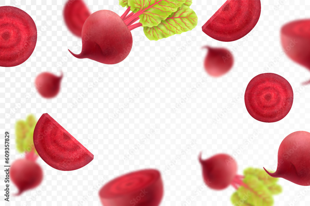 Flying beet. Falling beetroots, whole and slices isolated on transparent background, selective focus. Realistic 3d vector illustration Flying beet. Falling beetroots, whole and slices isolated on transparent background, selective focus. Realistic 3d vector illustration