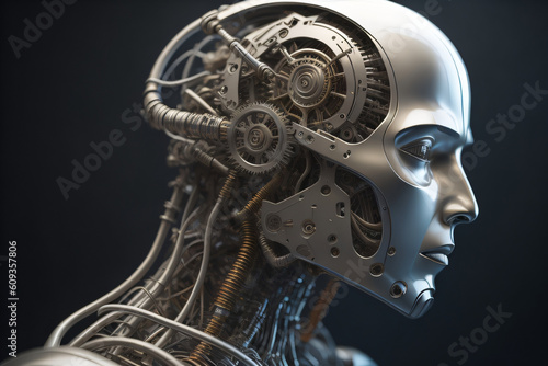 Humanoid robot skull, electroinc brain with black background