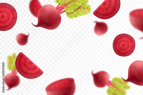 Flying beet. Falling beetroots, whole and slices isolated on transparent background, selective focus. Realistic 3d vector illustration